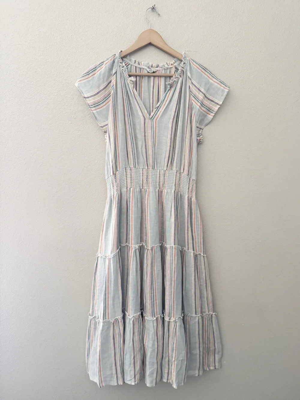 Rails Amelia Smocked Tiered Empire Midi Dress Large Sag Harbour Linen Stripe - Picture 3 of 11